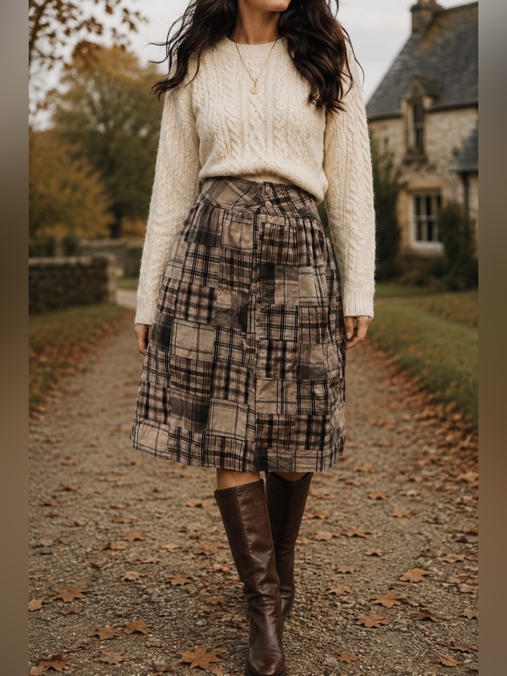 Patchwork Plaid Midi Skirt Cottagecore Academia Pockets Lined M